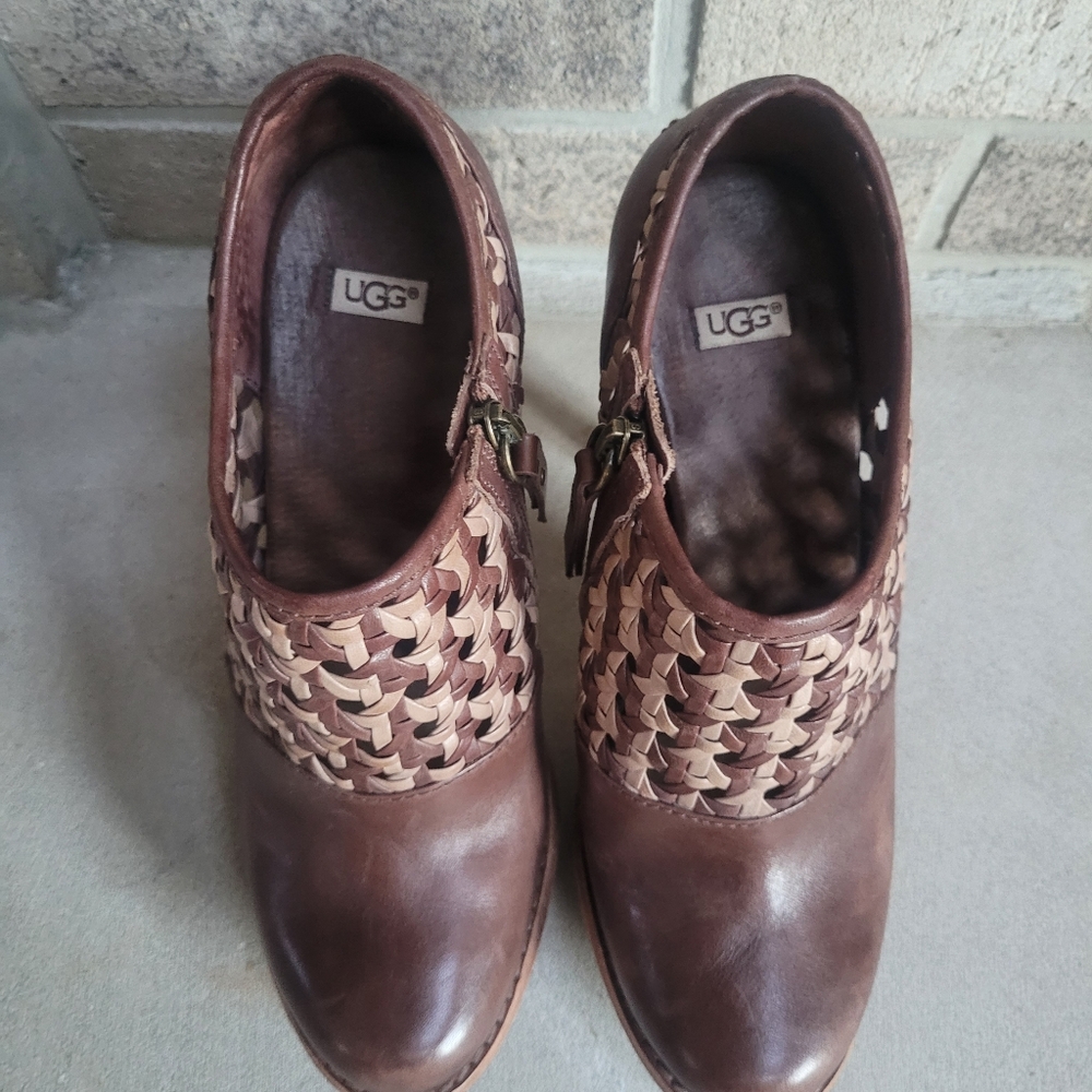UGG Fatima Brown Woven Leather Heeled Booties Size 7.5 - Picture 7 of 14